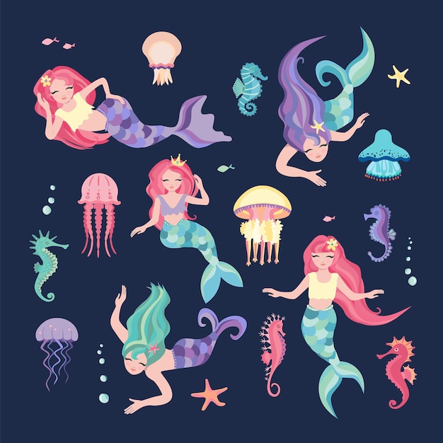 Conjunto de sirenas medusas y caballitos de mar lindas niñas sirena con diferentes formas de cola plantilla para diseño tarjetas de felicitación cuaderno niños póster ilustración vectorial de dibujos animados