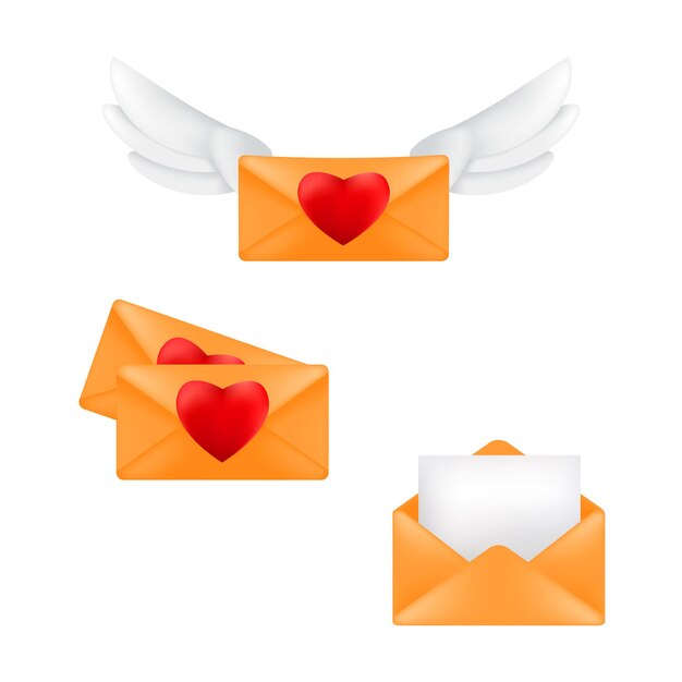Conjunto de sobres amarillos con sellos de corazón y alas de ángel aislado sobre un fondo blanco.