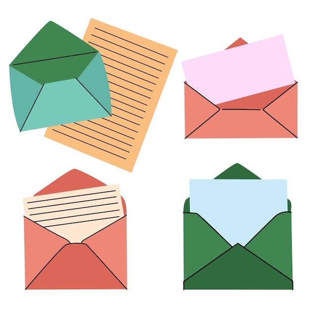 Conjunto de sobres de colores abiertos y cerrados Comunicación por correspondencia Distribución de boletines de noticias