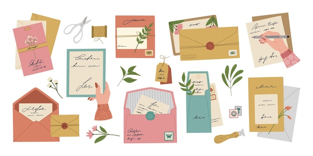Conjunto de sobres coloridos dibujos animados con sellos y estampillas, postales románticas y cartas. Varios artículos de papelería y flores. Ilustración de vector plano dibujado a mano aislado sobre fondo blanco.