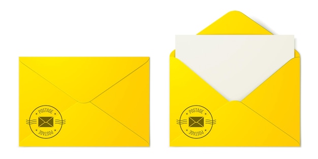 Vector conjunto de sobres de correo amarillo doblados y desplegados con un sello de servicio postal aislado en el fondo blanco. maqueta de vector de carpeta postal.