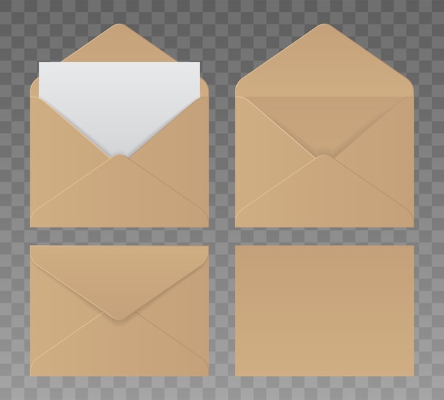 Conjunto de sobres de papel en diferentes vistas, aislado sobre fondo transparente. Sobres marrones realistas