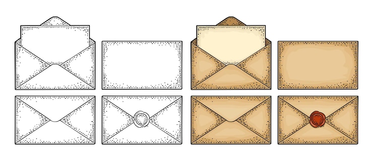 Vector conjunto de sobres de papel kraft en diferentes vistas correo cerrado abierto y con papel en blanco ilustración de grabado vintage de color vectorial elemento de diseño dibujado a mano