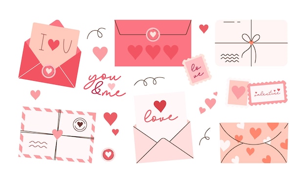 Conjunto de sobres y pegatinas de cartas de amor con varios elementos Ilustración plana dibujada a mano