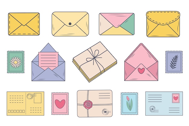 Conjunto de sobres postales cartas y sellos Ilustración de garabateo vectorial