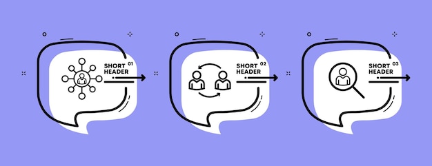 Conjunto de sociedad Lupa de relación de sociabilidad con una persona Concepto de comunicabilidad Línea de tiempo infográfica con iconos y 3 pasos Icono de línea vectorial para negocios y publicidad