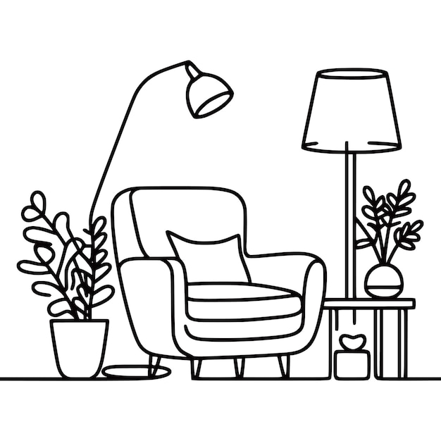 Conjunto de sofá de arte de línea continua con ilustración vectorial de la planta de la lámpara