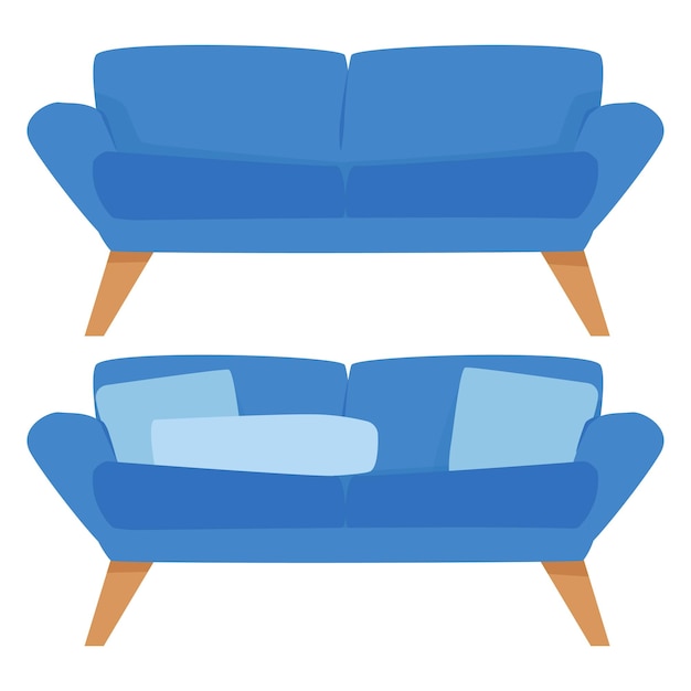 Vector conjunto de sofás azules modernos y de moda con almohadas