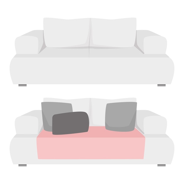 Conjunto de sofás grises vacíos y con almohadas y mantas