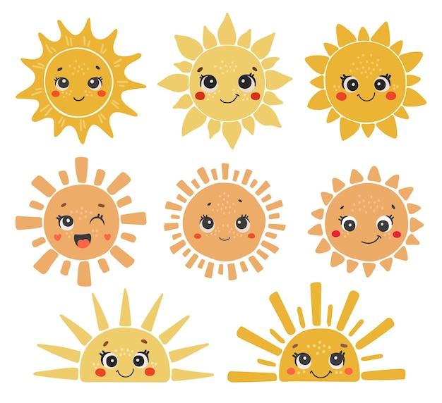 Un conjunto de sol de dibujos animados con diferentes expresiones elementos de bebé