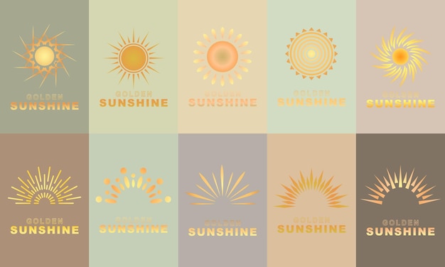 Conjunto de sol dorado y rayos solares Iconos sobre fondo de color pastel