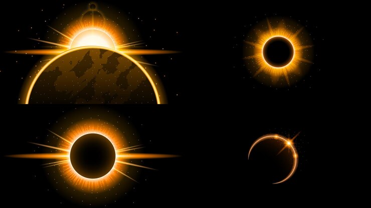 Vector conjunto sol eclipse colección solar color fuego fondo oscuro vector luna diseño estilo espacio ciencia