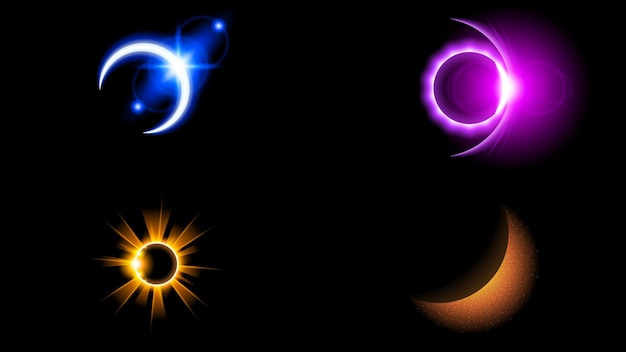 Conjunto Sol Eclipse Colección Solar Color Fuego Fondo Oscuro Vector Luna Diseño Estilo Espacio Ciencia