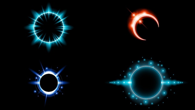 Conjunto Sol Eclipse Colección Solar Color Fuego Fondo Oscuro Vector Luna Diseño Estilo Espacio Ciencia