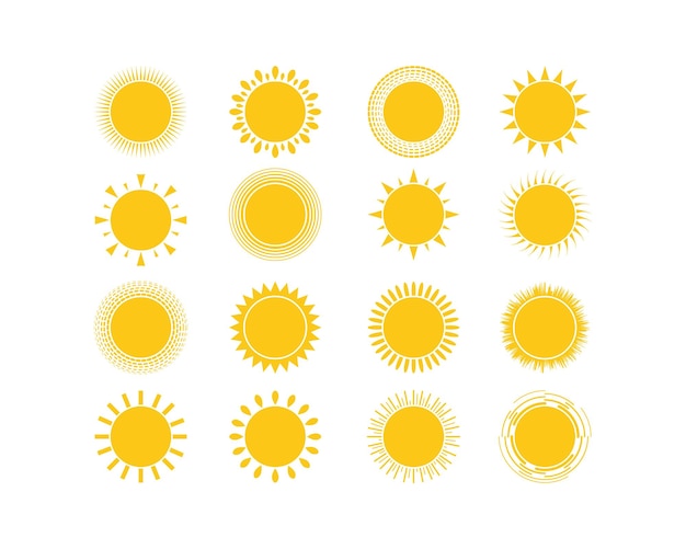 El conjunto del sol Ilustración vectorial del sol amarillo de diferentes maneras con diferentes rayos Icono Imagen vectorial de los niños de dibujos animados