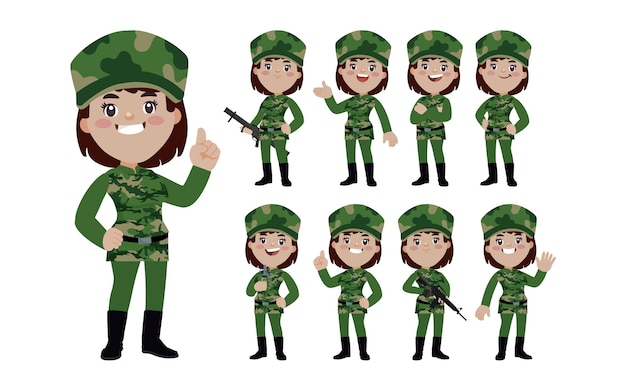 Conjunto de soldado con diferentes poses.