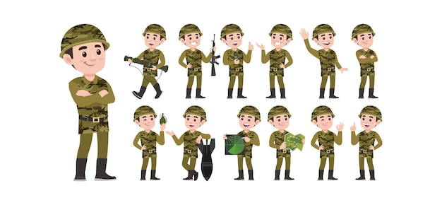 Conjunto de soldado con diferentes poses.