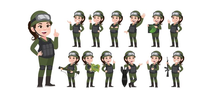 Vector conjunto de soldado con diferentes poses.