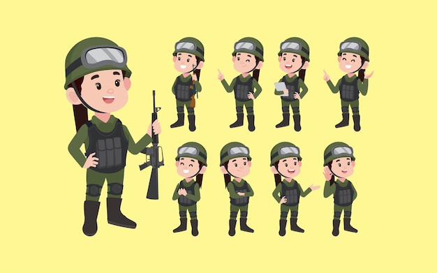 Conjunto de soldado con diferentes poses.