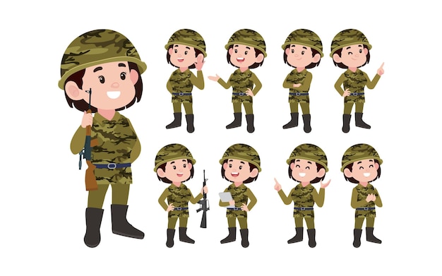 Conjunto de soldado con diferentes poses.