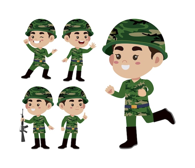 Conjunto de soldado con diferentes poses.