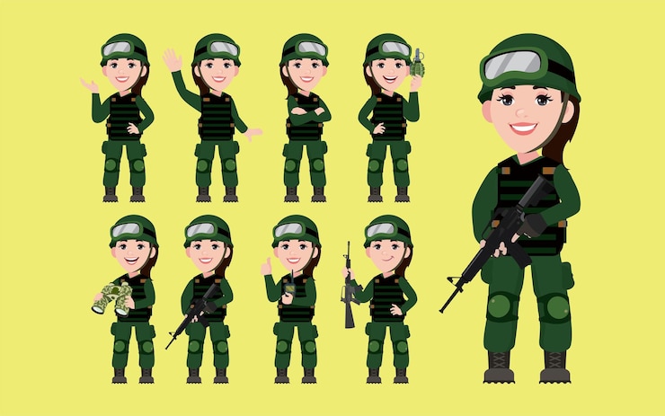 Vector conjunto de soldado con diferentes poses.