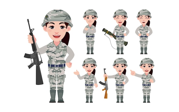 Conjunto de soldado con diferentes poses.