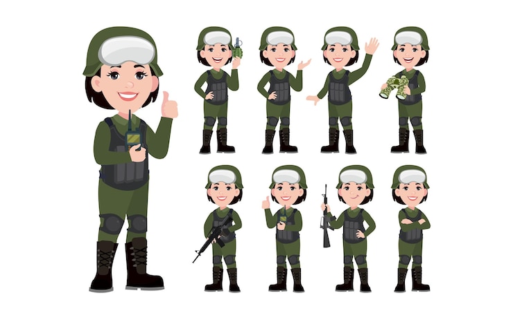 Vector conjunto de soldado con diferentes poses.