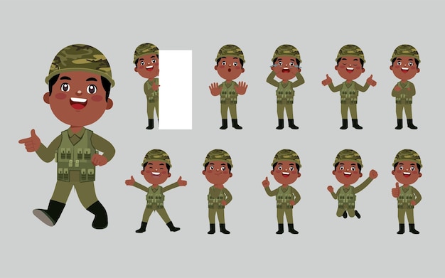 Conjunto de soldado con diferentes poses.