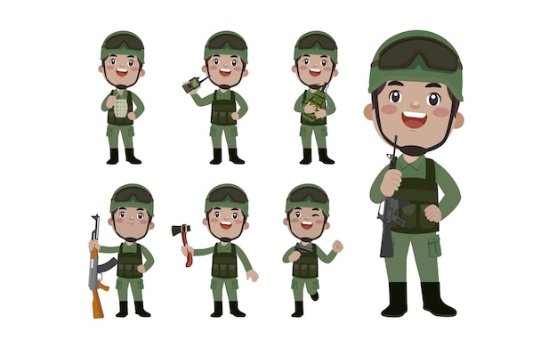 Conjunto de soldado con diferentes poses.