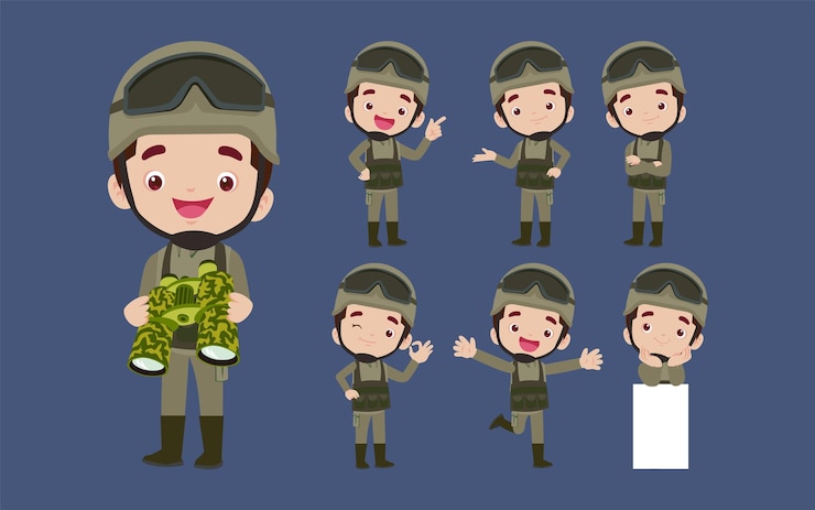 Vector conjunto de soldado con diferentes poses.