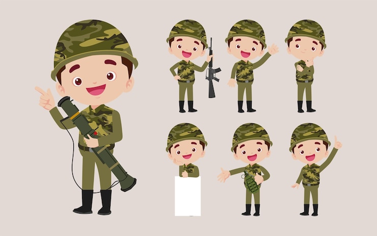Vector conjunto de soldado con diferentes poses.