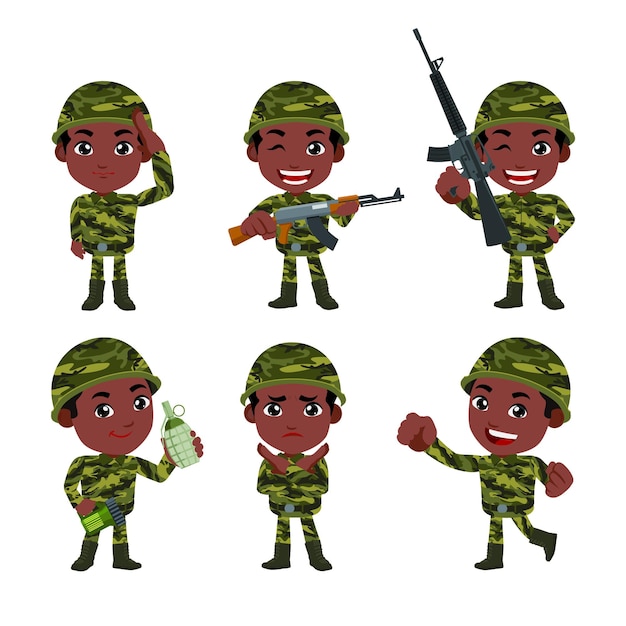 Conjunto de soldados del ejército hombre en uniforme con acción de diferencia.
