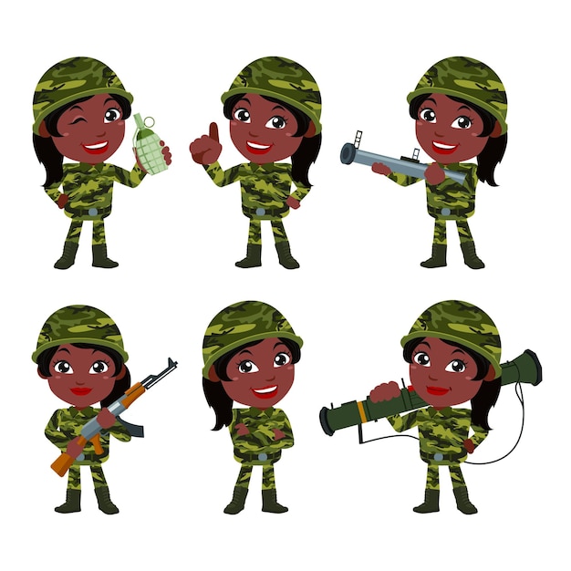 Vector conjunto de soldados del ejército hombre en uniforme con acción de diferencia.