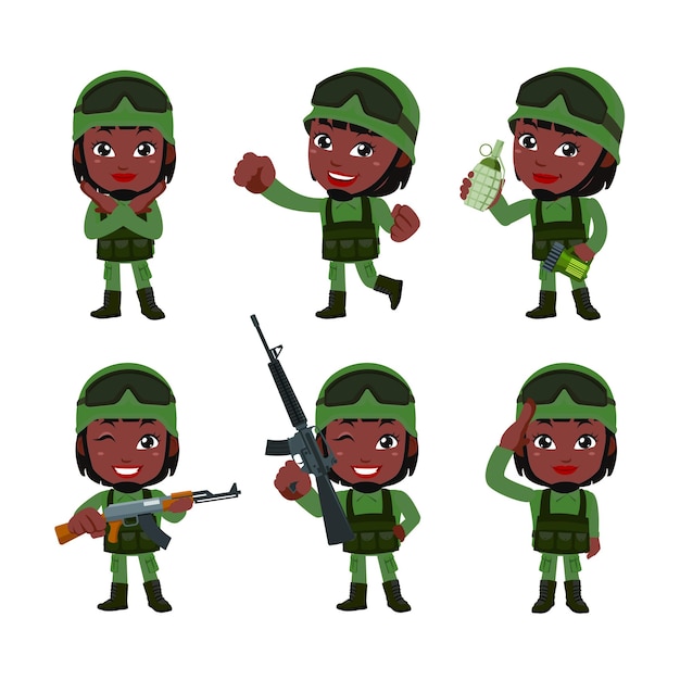 Conjunto de soldados del ejército hombre en uniforme con acción de diferencia.