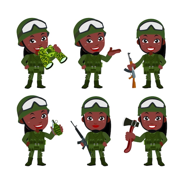 Conjunto de soldados del ejército hombre en uniforme con acción de diferencia.