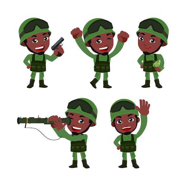 Vector conjunto de soldados del ejército hombre en uniforme con acción de diferencia.