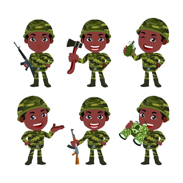 Conjunto de soldados del ejército hombre en uniforme con acción de diferencia.