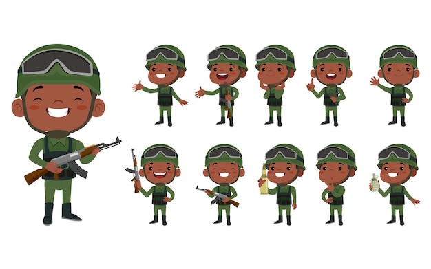 Conjunto de soldados del ejército en uniforme con acción de diferencia.