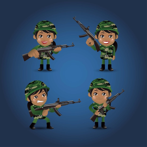Conjunto de soldados del ejército en uniforme con acción de diferencia.