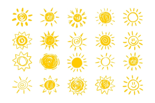 Conjunto de soles amarillos en diseño plano aislado fondo blanco iconos divertidos sol garabateo moderno simple