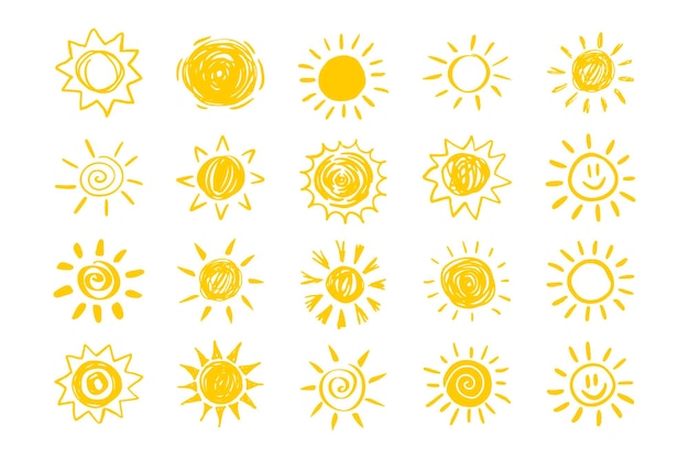 Conjunto de soles amarillos en diseño plano aislado fondo blanco iconos divertidos sol garabateo moderno simple
