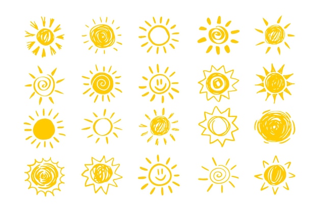 Conjunto de soles amarillos en diseño plano aislado fondo blanco iconos divertidos sol garabateo moderno simple