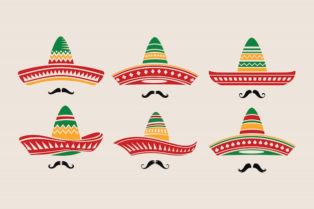 Vector conjunto de sombrero de cinco de mayo con bigote