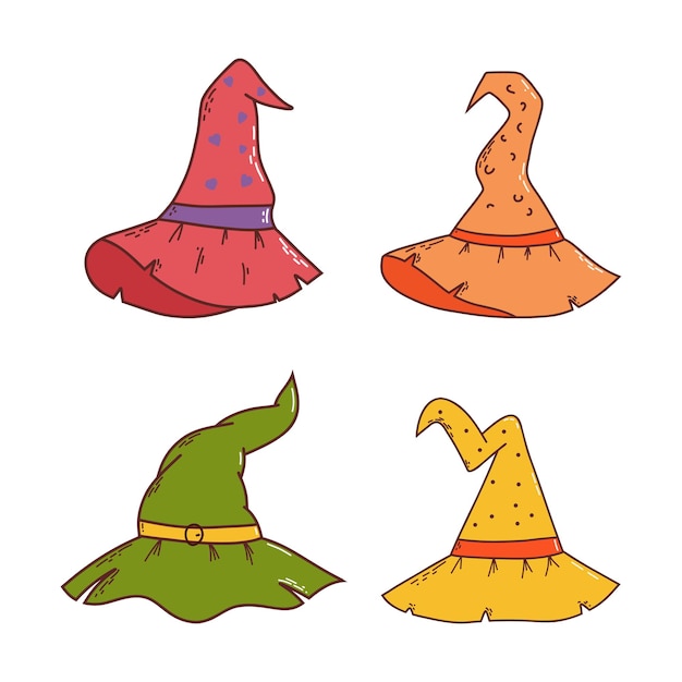Conjunto de sombreros de bruja Elemento de Halloween Concepto de truco o trato Ilustración vectorial en estilo dibujado a mano