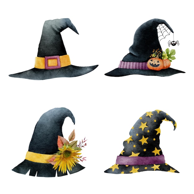 Conjunto de sombreros de bruja negra de Halloween acuarela conjunto 1 ilustración vectorial