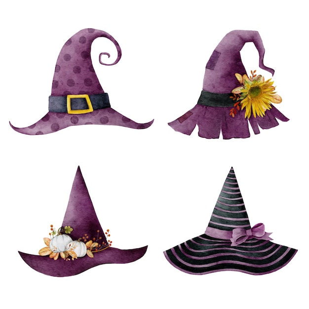Conjunto de sombreros de bruja púrpura de Halloween acuarela conjunto 2 ilustración vectorial
