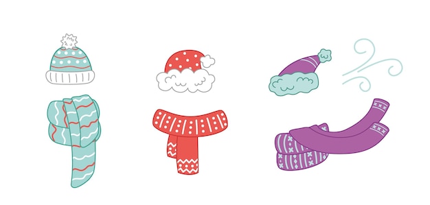 Conjunto de sombreros y bufandas sombreros azules rojos y púrpuras y bufandes vector de dibujos animados
