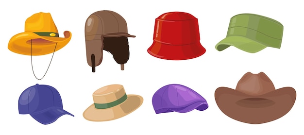Conjunto de sombreros de colores al estilo de dibujos animados Ilustración vectorial de varios sombreros hermosos gorros de vaquero gorro de paja gorro de panama gorro aislado sobre fondo blanco sombreros masculinos y femeninos