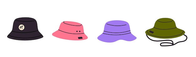Conjunto de sombreros de cubo de moda en varios colores y formas, incluidos los estilos al aire libre y de moda